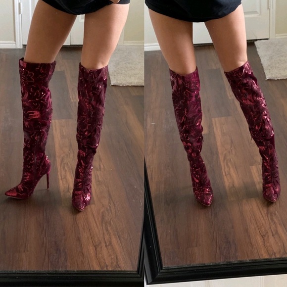 Shoe Republic LA Shoes - Red maroon sequin velvet over the knee boots
